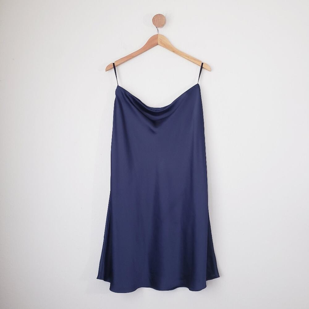 Lauren Ralph Lauren Black Label Navy Blue Satin A-Line Midi Skirt Silk Feel 14